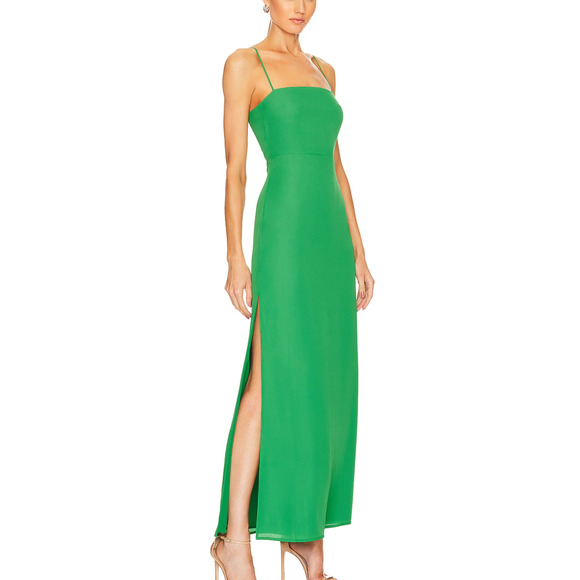 Revolve Kelly Green Maxi Slip Dress SMALL Double Side Slit Superdown Addison NEW - Picture 3 of 9